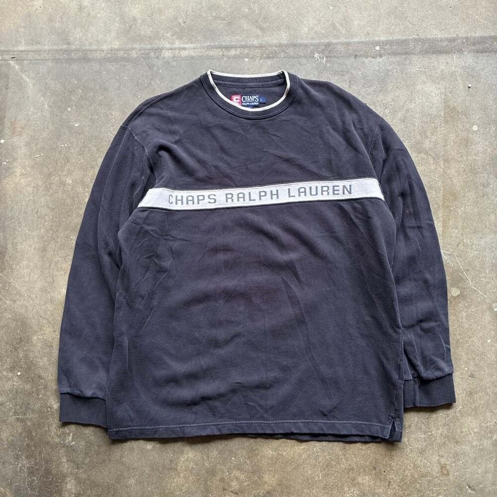 Vintage 1990’s Chaps Ralph Lauren Long Sleeve Chest Stripe Logo T-Shirt Black L